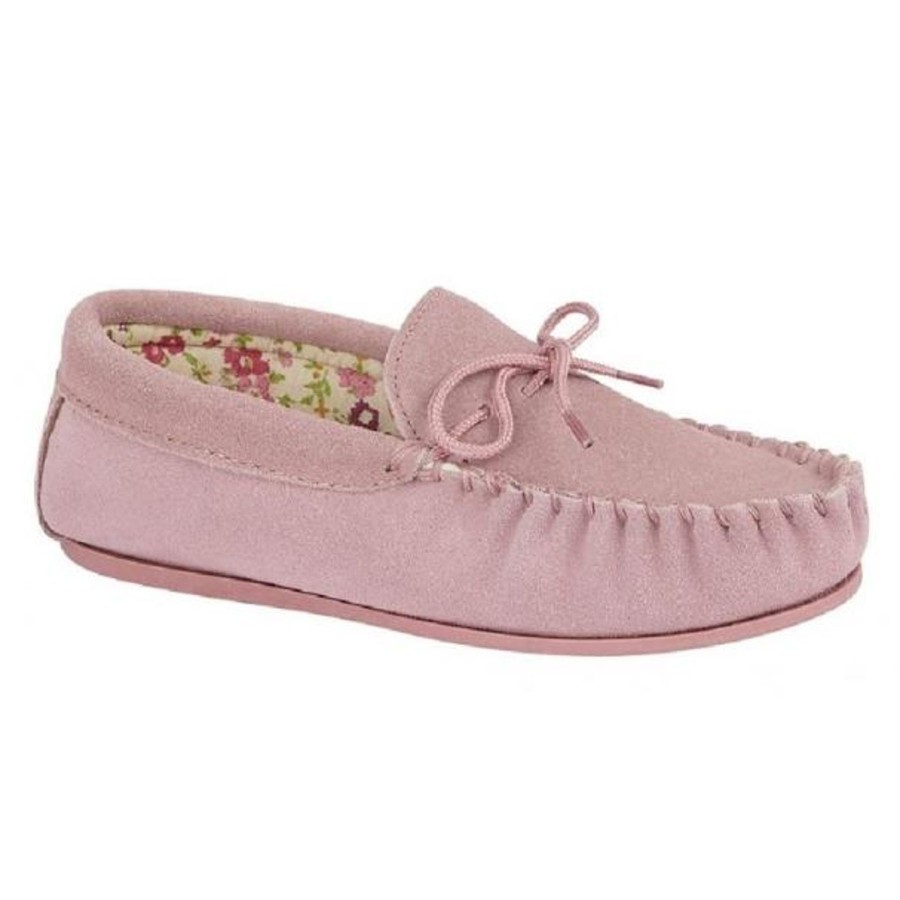 Ladies Slippers | Marlows Ladies Lily Soft Suede Moccasin Slipper Pink Ls339Pk