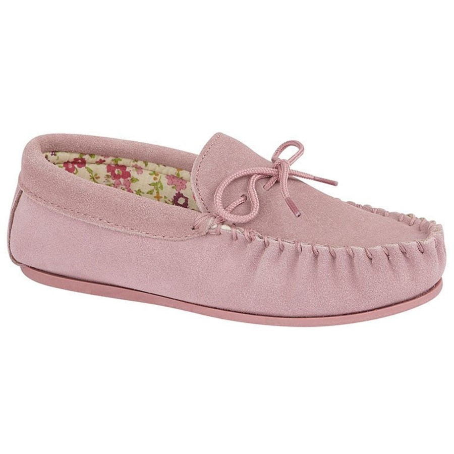 Ladies Slippers | Marlows Ladies Lily Soft Suede Moccasin Slipper Pink Ls339Pk