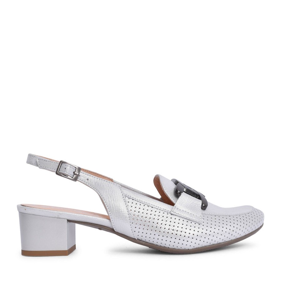 Bioeco Shoes And Matching Bags | Bioeco Bioeco 3963 Silver Sling Back Block Heel Occasion Shoe 3963-2103