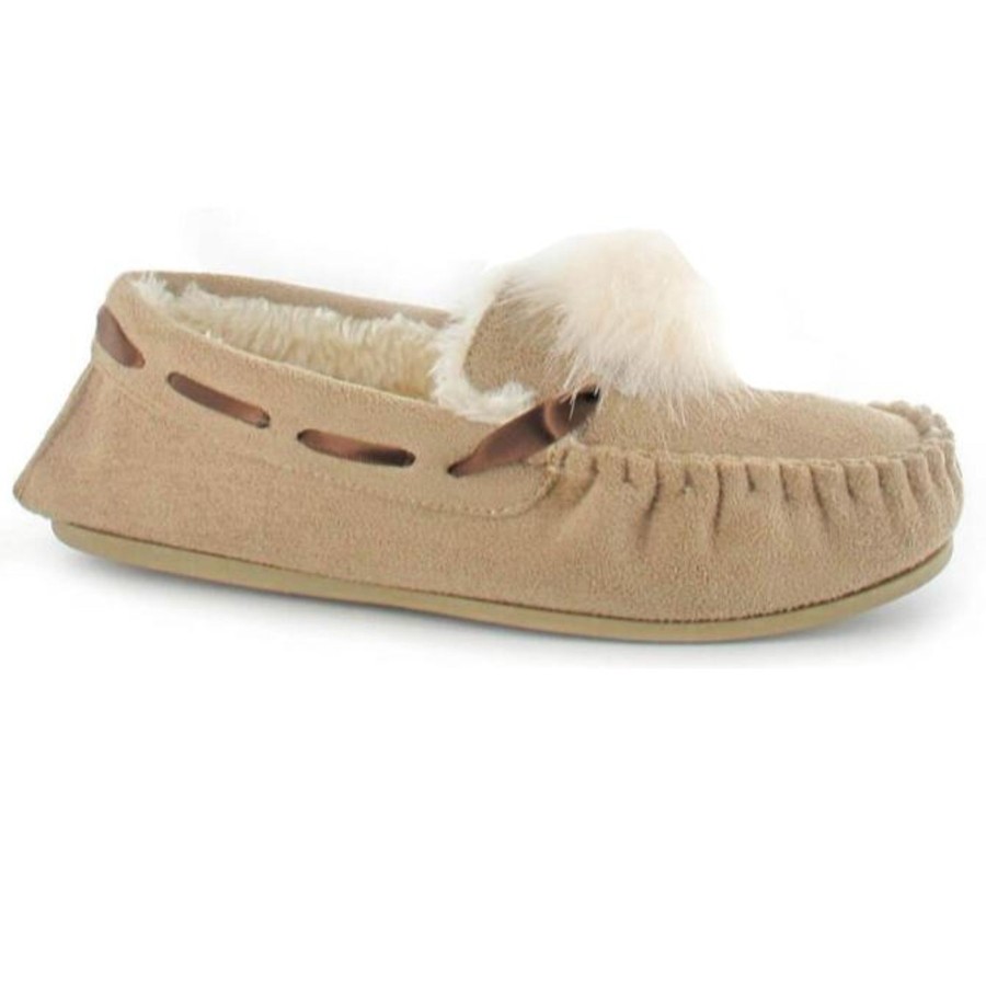 Ladies Slippers | Ella Ella Paula Beige Luxury Moccasin Fur Pom Pom Slippers