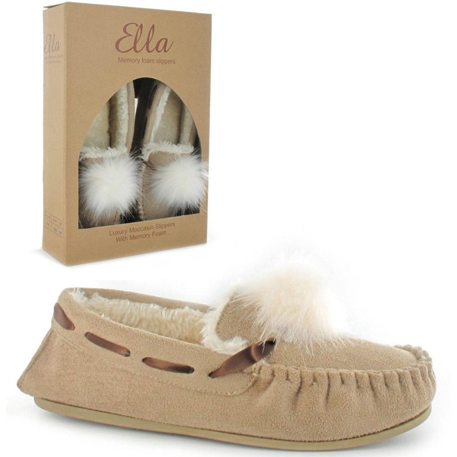 Ladies Slippers | Ella Ella Paula Beige Luxury Moccasin Fur Pom Pom Slippers