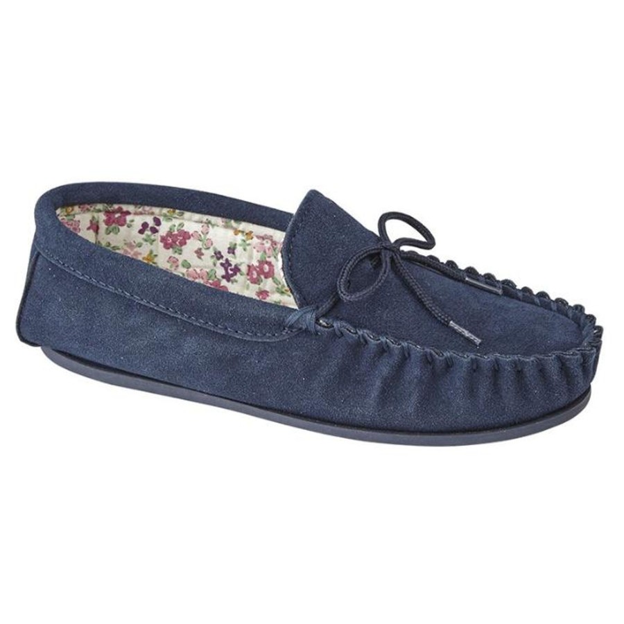 Ladies Slippers | Marlows Ladies Lily Moccassin Slipper Navy Suede