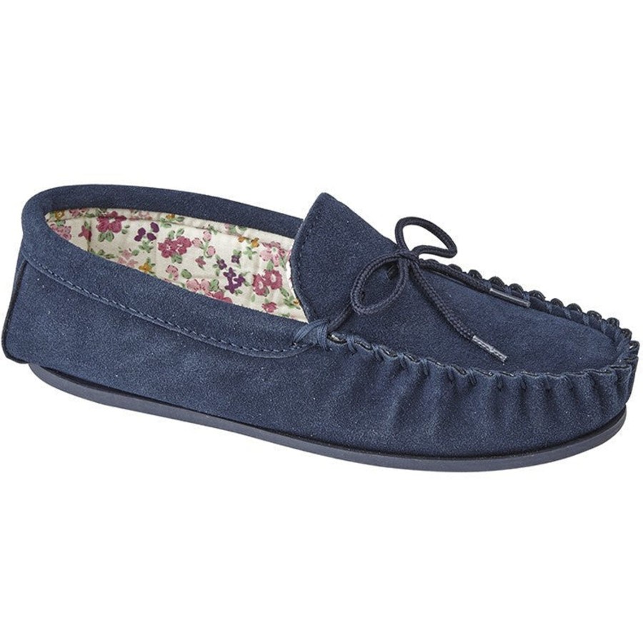 Ladies Slippers | Marlows Ladies Lily Moccassin Slipper Navy Suede