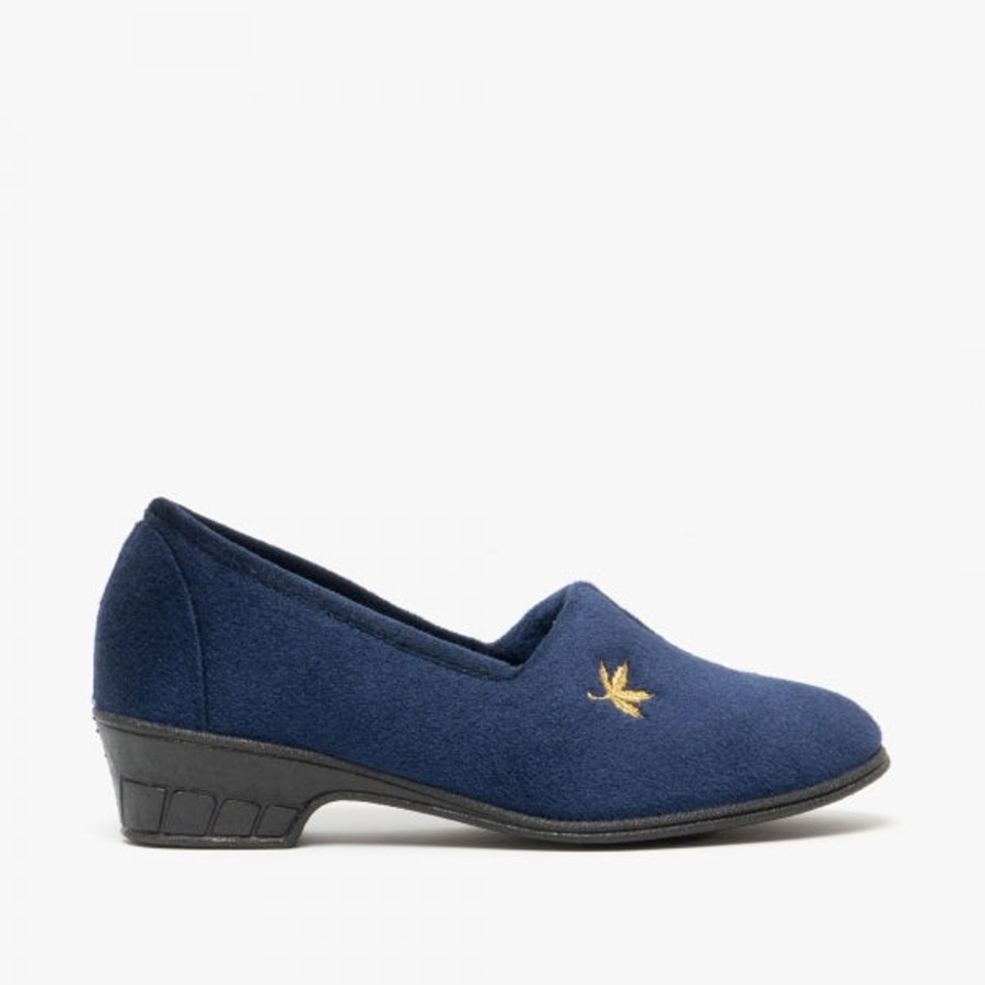 Ladies Slippers | Marlows Sleepers Slipper With Heel Andover Navy Velour