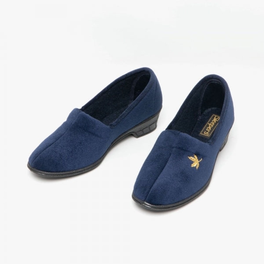 Ladies Slippers | Marlows Sleepers Slipper With Heel Andover Navy Velour