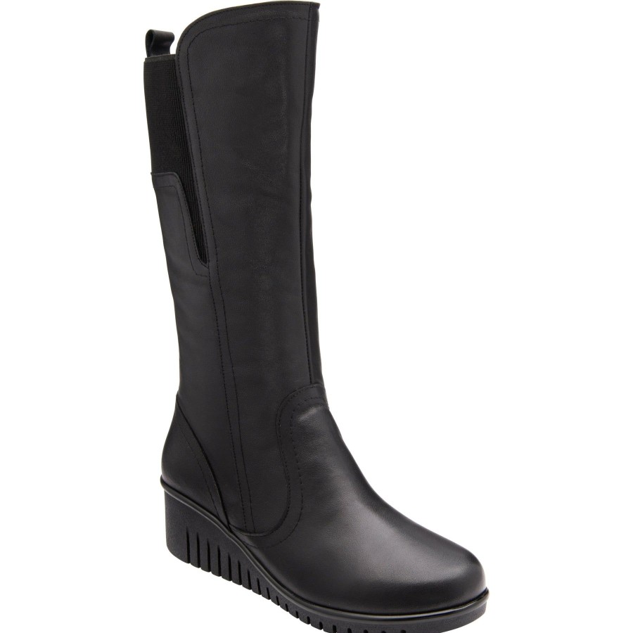 Long Boots And Riding Boots | Lotus Lotus Fitzgerald Black Leather Wedge Long Boot Ulb345