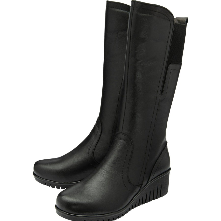 Long Boots And Riding Boots | Lotus Lotus Fitzgerald Black Leather Wedge Long Boot Ulb345