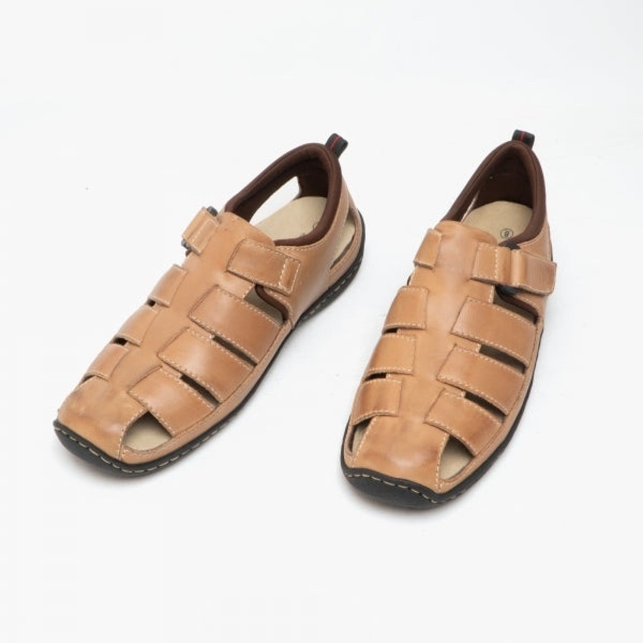 Men'S Sandals | Marlows Mens Leather Caged Touch Fastening Sandals Brown M498