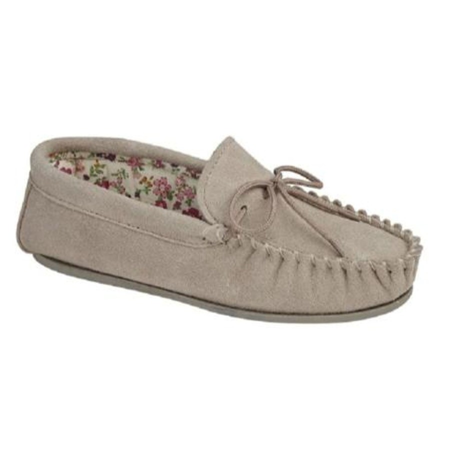 Ladies Slippers | Marlows Ladies Lily Soft Suede Moccassin Sliper Stone Ls339S