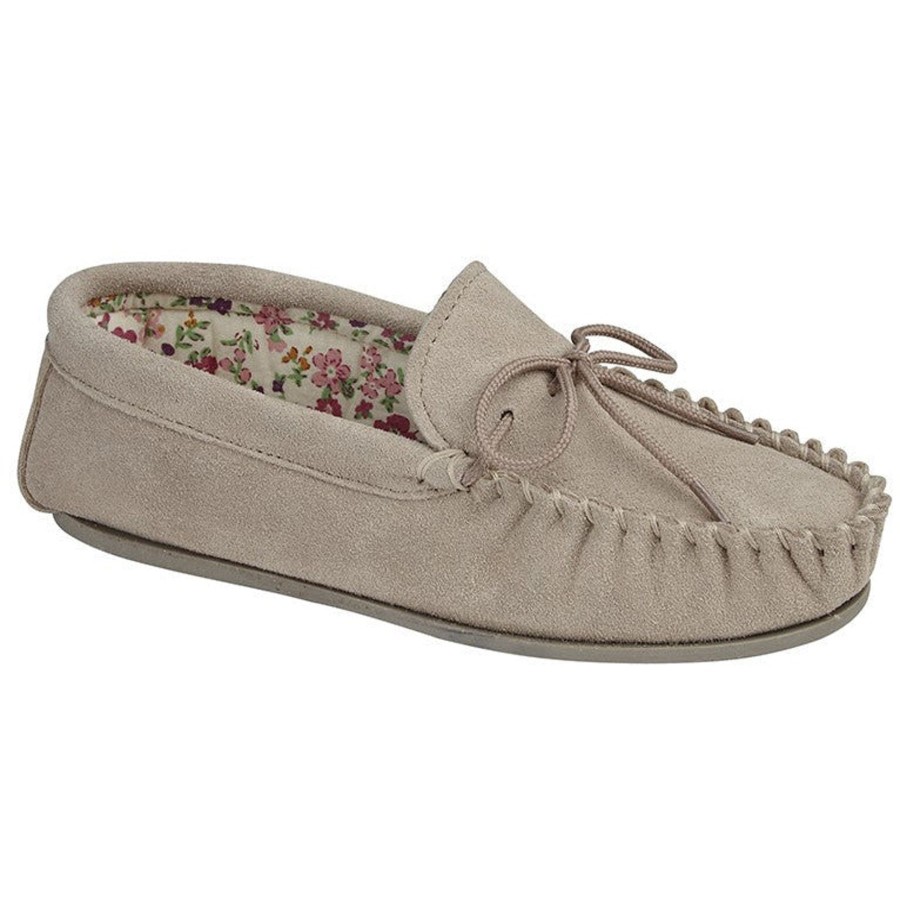 Ladies Slippers | Marlows Ladies Lily Soft Suede Moccassin Sliper Stone Ls339S