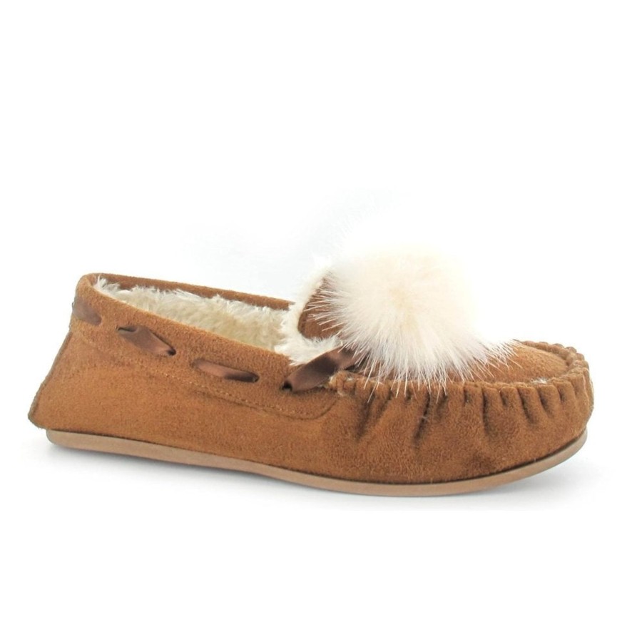 Ladies Slippers | Ella Ella Paula Chestnut Luxury Moccasin Fur Pom Pom Slippers