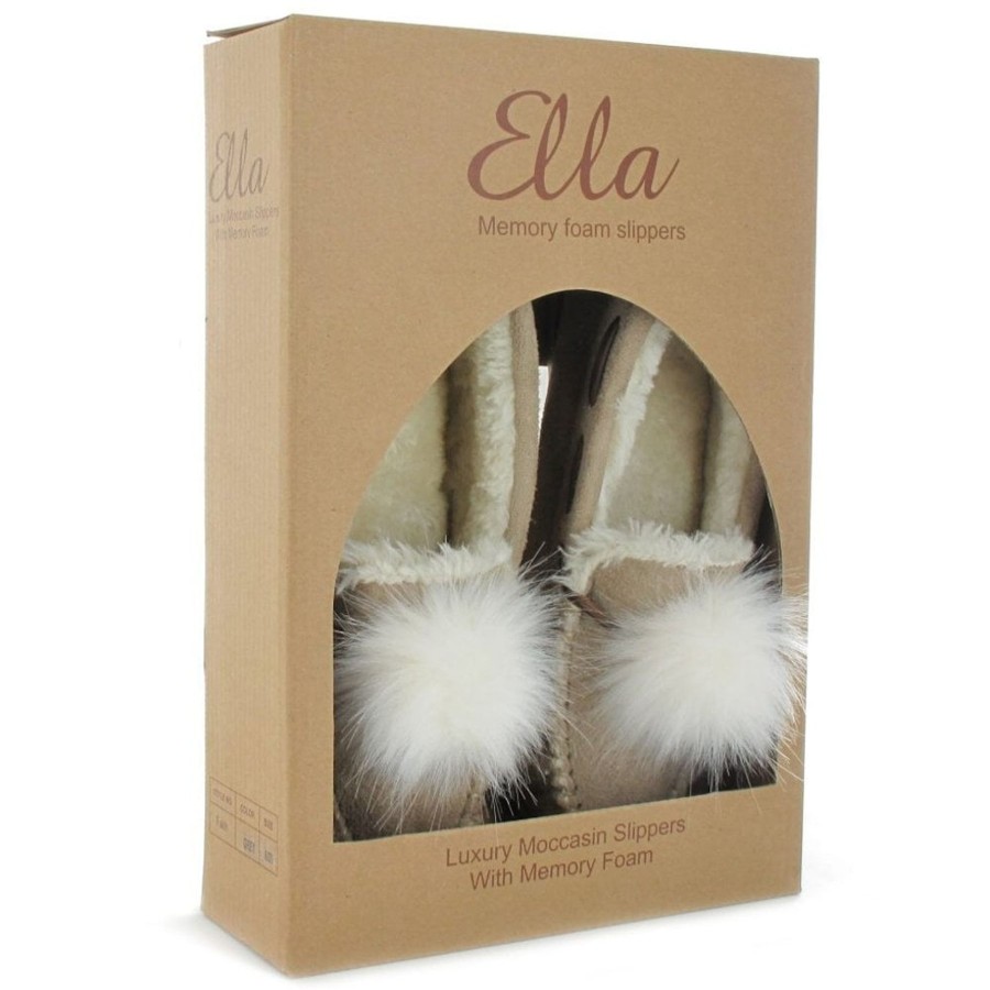 Ladies Slippers | Ella Ella Paula Chestnut Luxury Moccasin Fur Pom Pom Slippers