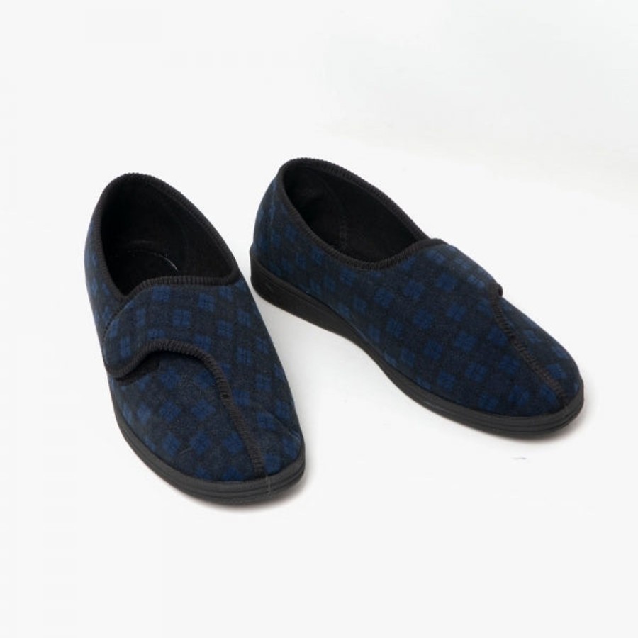 Men'S Slippers | Marlows Comfylux Paul Navy Touch Fastening Mens Slipper