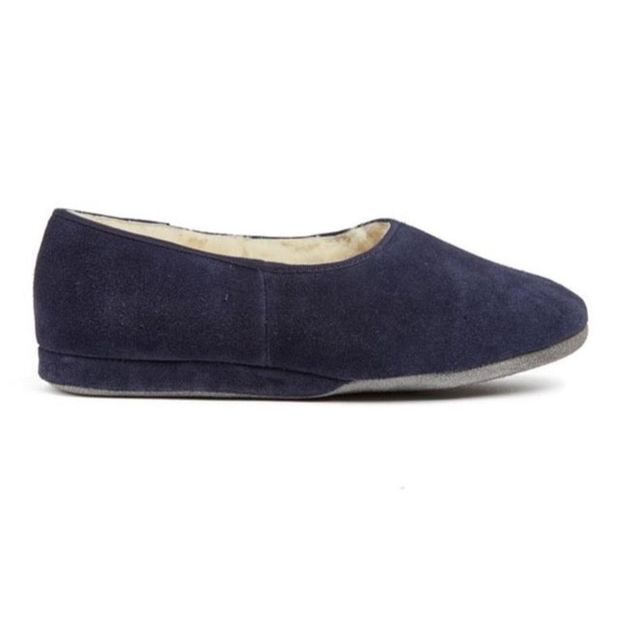 Ladies Slippers | Morlands Morlands Ladies Ayr Navy Suede Sheepskin Lined Slipper