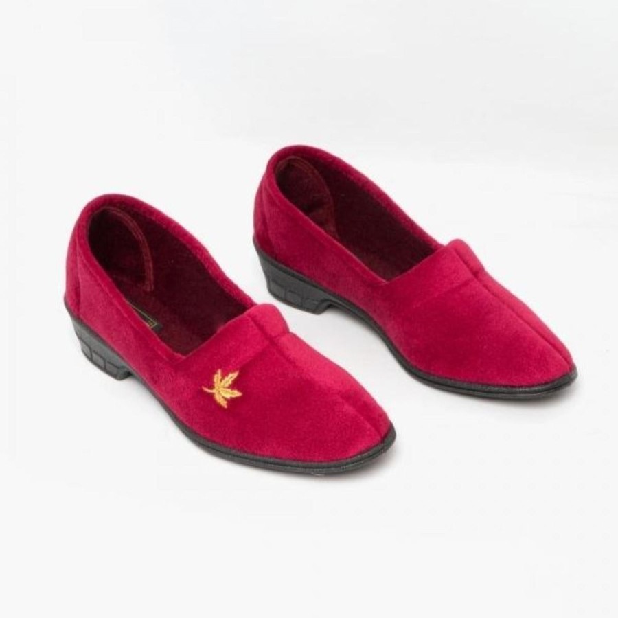 Ladies Slippers | Marlows Sleepers Slipper With Heel Andover In Burgundy Velour