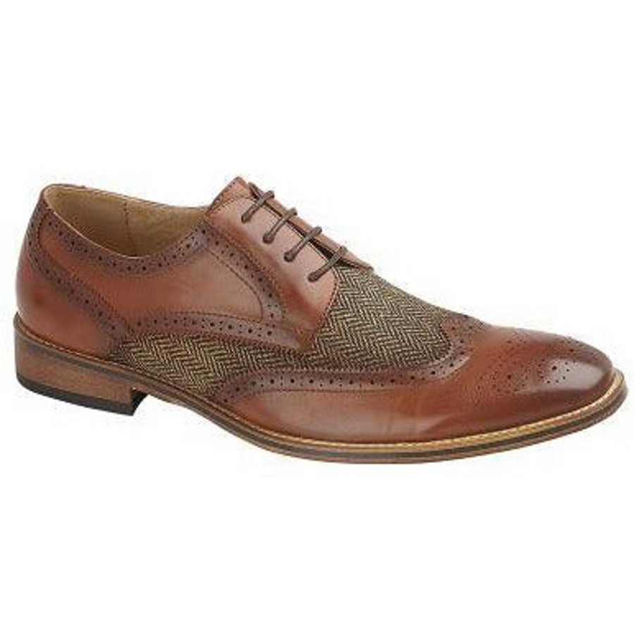 Men'S Formal And Work Shoes | Marlows Mens M410B Tan Leather Lined Heringbone Tweed Panel Lace Up Brogue Shoe