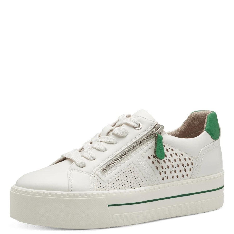 Shoes And Trainers | Jana Jana 23764 White With Green Trim Trainer 23764-100