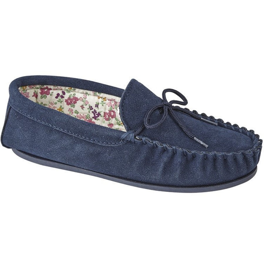 Ladies Styles | Marlows Ladies Lily Moccassin Slipper Navy Suede