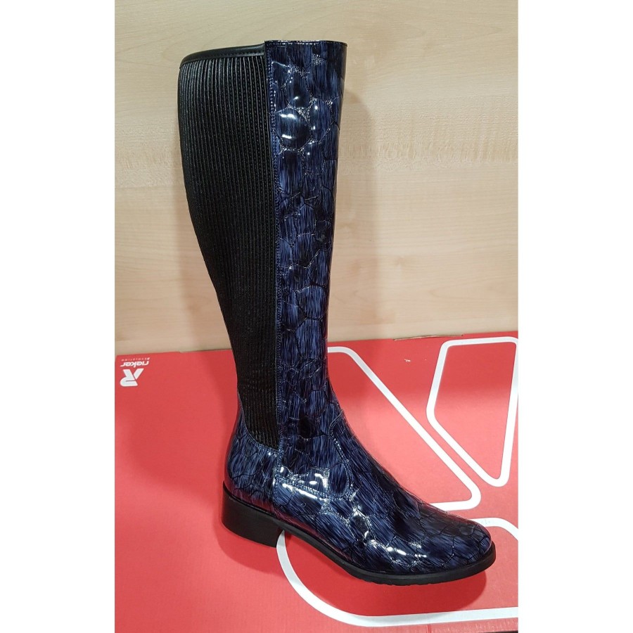 Bioeco Shoes And Matching Bags | Bioeco Bioeco Navy Croc Leather Wide Fit Long Zip Boot 7770-2307