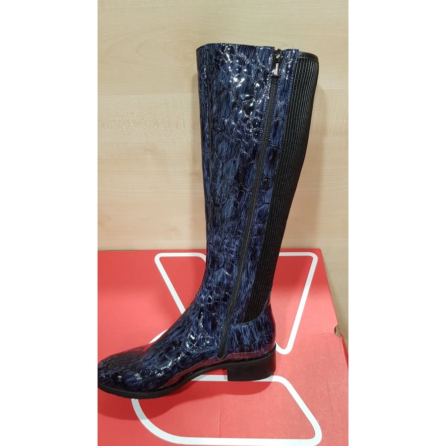 Bioeco Shoes And Matching Bags | Bioeco Bioeco Navy Croc Leather Wide Fit Long Zip Boot 7770-2307